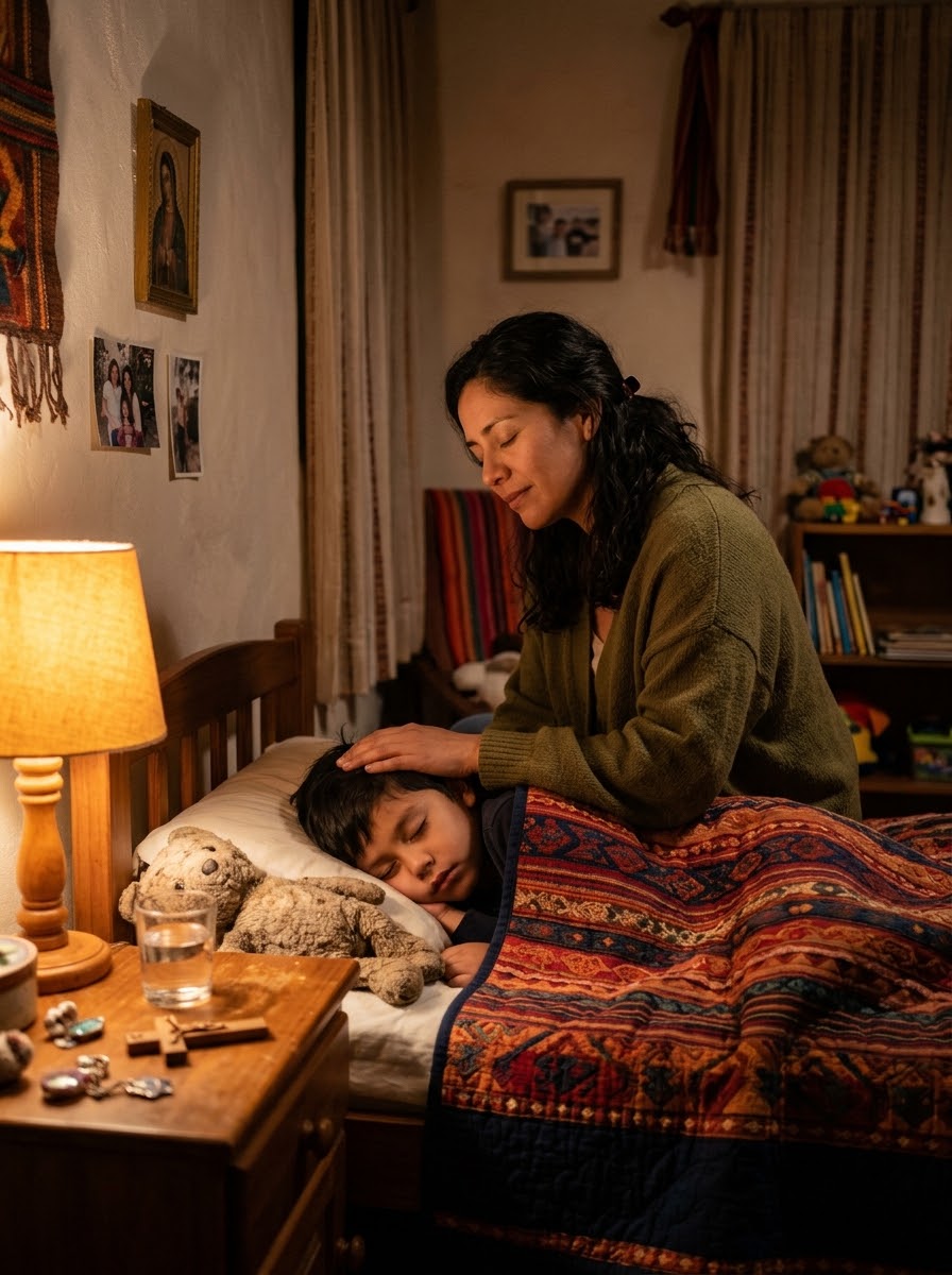Madre orando junto a la cama de su hijo